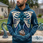 Kennedy Kraken Rib Cage Hoodie in blue, beige, front view worn by a model