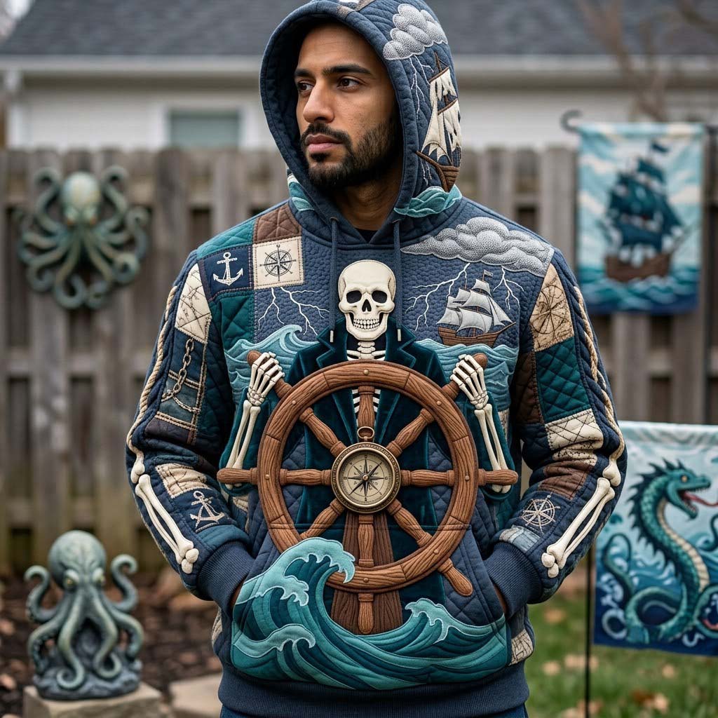Sarah Skeleton Ship Wheel Hoodie in blue, brown, beige, front view worn by a model
