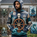 Sarah Skeleton Ship Wheel Hoodie in blue, brown, beige, front view worn by a model