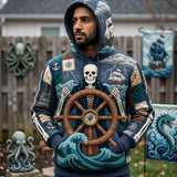 Sarah Skeleton Ship Wheel Hoodie in blue, brown, beige, front view worn by a model
