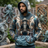 Samantha Pirate Skeleton Captain Hoodie in blue, brown, beige, front view worn by a model