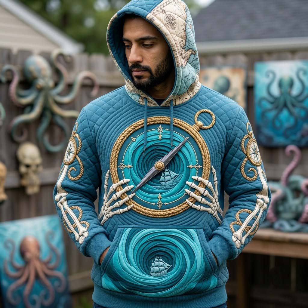 Anna Nautical Compass Hoodie in blue, beige, front view worn by a model