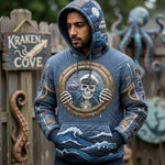 Gabriella Pirate Porthole Hoodie in blue, gray, beige, front view worn by a model