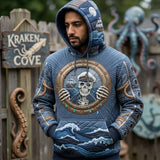 Gabriella Pirate Porthole Hoodie in blue, gray, beige, front view worn by a model
