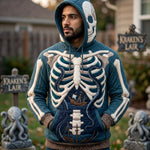 Caroline Sea Skeleton Hoodie in blue, beige, front view worn by a model