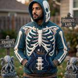 Caroline Sea Skeleton Hoodie in blue, beige, front view worn by a model