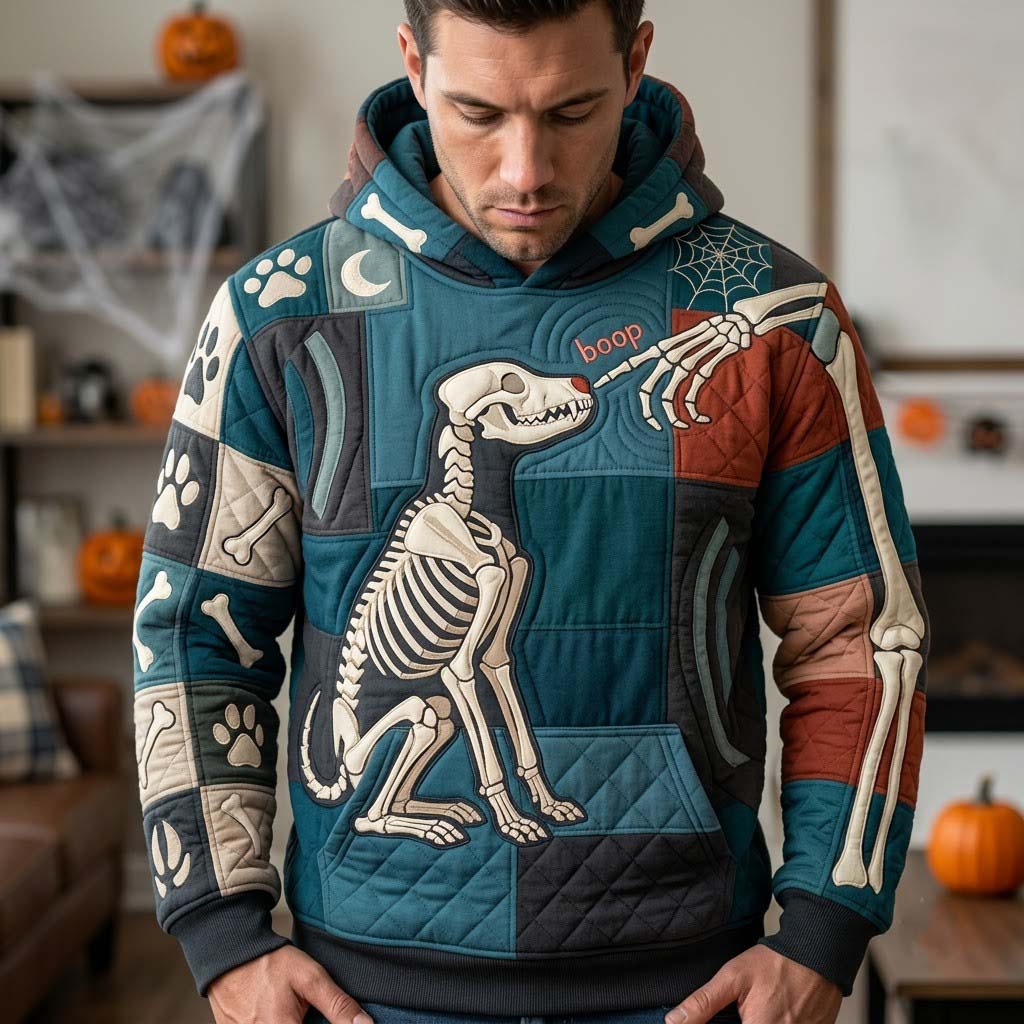 Quinn Skeleton Dog Hoodie in blue, brown, beige, front view worn by a model
