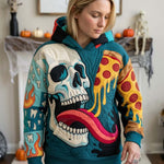 Audrey Skull Pizza Hoodie in blue, yellow, red, front view worn by a model