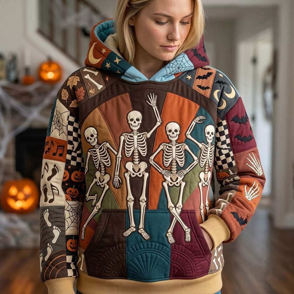 Natalie Dancing Skeletons Hoodie in brown, orange, blue, front view worn by a model