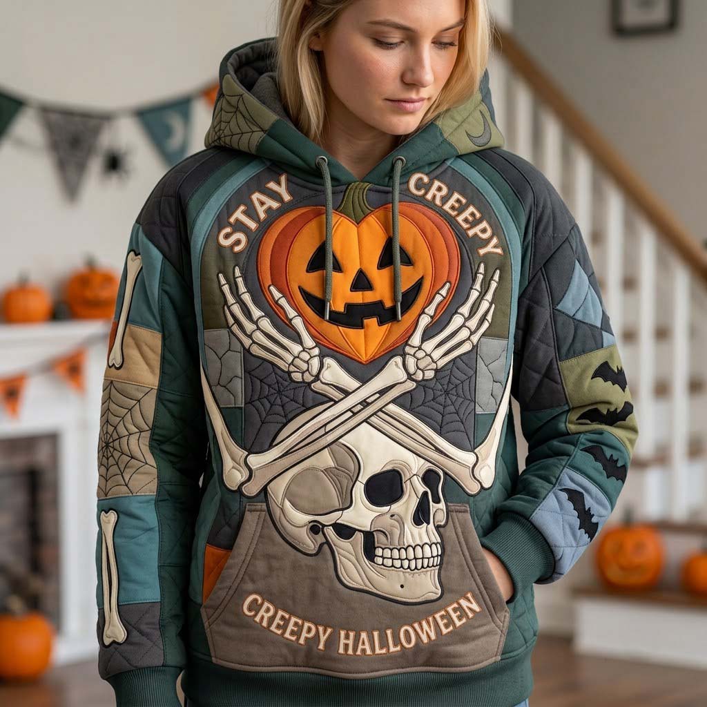 Addison Creepy Skeleton Pumpkin Hoodie in green, blue, beige, front view worn by a model