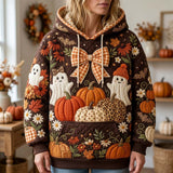 Lillian Ghost Pumpkin Bow Hoodie in brown, orange, beige, front view worn by a model
