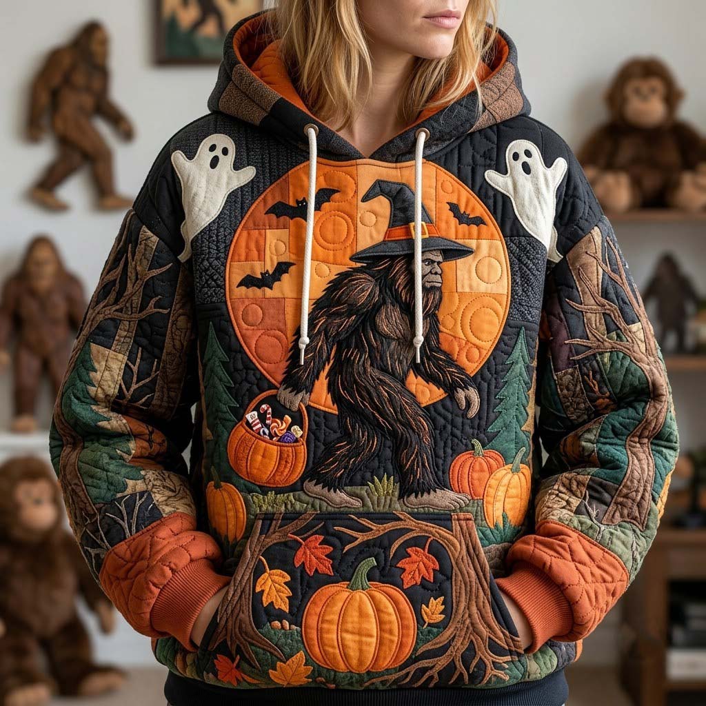 Lucy Forest Legend Hoodie in orange, black, green, front view worn by a model