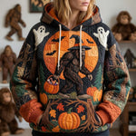 Lucy Forest Legend Hoodie in orange, black, green, front view worn by a model