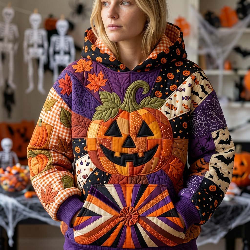 Zoe Pumpkin Patchwork Hoodie in orange, purple, black, front view worn by a model