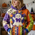 Ava Bow Ghost Patchwork Hoodie in purple, orange, green, front view worn by a model