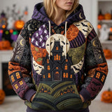 Madison Haunted Castle Hoodie in purple, black, green, front view worn by a model