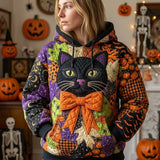 Olivia Black Cat Patchwork Hoodie in purple, orange, green, front view worn by a model