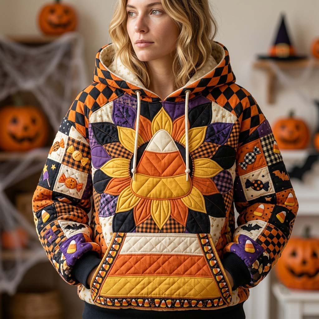 Isabella Candy Corn Patchwork Hoodie in orange, purple, black, front view worn by a model