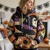 Eliana Witch Hat Moon Hoodie in black, purple, orange, front view worn by a model