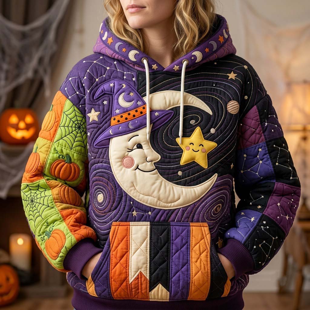 Nova Sleepy Moon Witch Hoodie in purple, orange, green, front view worn by a model