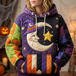 Nova Sleepy Moon Witch Hoodie in purple, orange, green, front view worn by a model