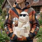 Violet Sunglasses Ghost Hoodie in brown, orange, black, front view worn by a model