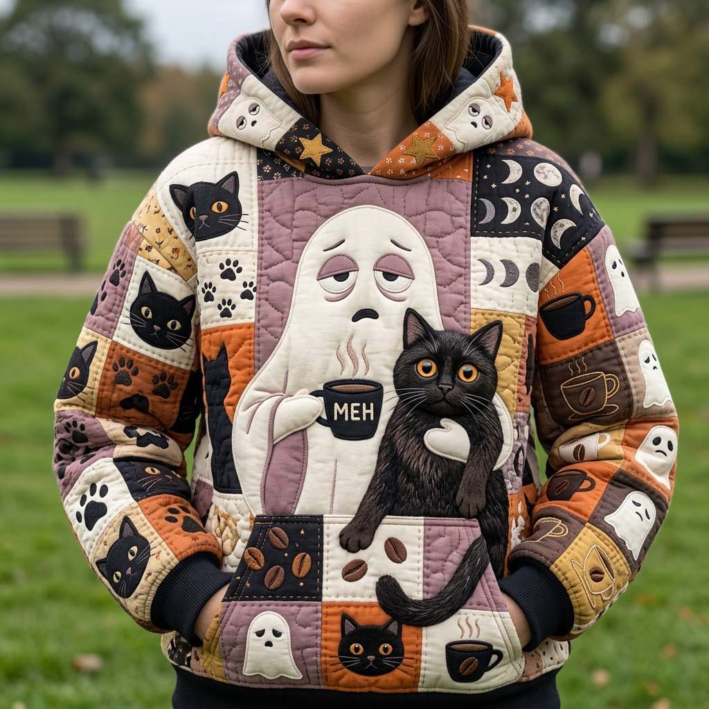 Elizabeth Coffee Ghost Cat Hoodie in pink, black, orange, front view worn by a model