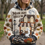 Sofia Ghost Coffee Shop Hoodie in beige, brown, front view worn by a model