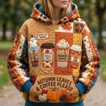 Eleanor Fall Coffee Ghost Hoodie in orange, beige, brown, front view worn by a model