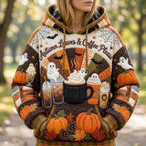 Camila Ghost Coffee Patchwork Hoodie in orange, brown, beige, front view worn by a model