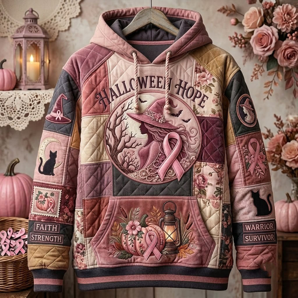 Eliza Halloween Hope Witch Hoodie in pink, beige, brown, front view on a hanger