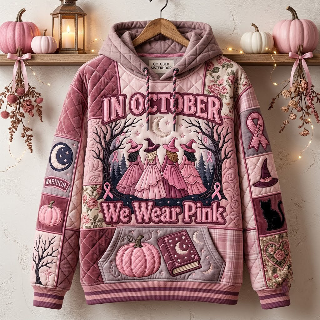 Margaret October Witch Trio Hoodie in pink, beige, front view on a hanger