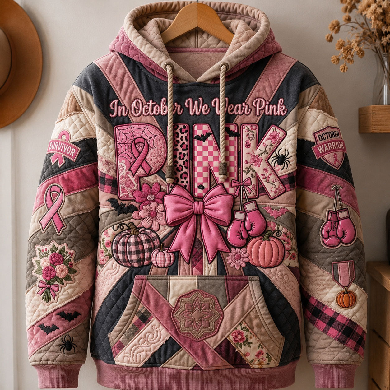 Daisy Pink Ribbon Bow Hoodie in pink, beige, black, front view on a hanger