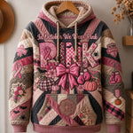 Daisy Pink Ribbon Bow Hoodie in pink, beige, black, front view on a hanger
