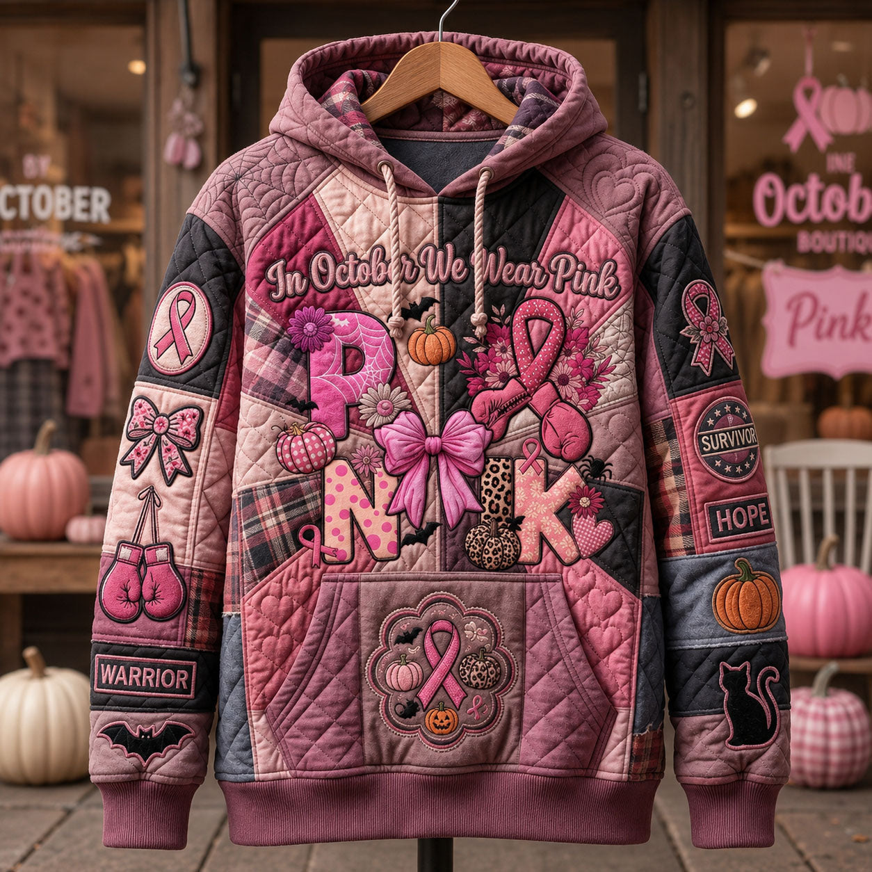 Lucia Pink Floral Ribbon Hoodie in pink, burgundy, black, front view on a hanger