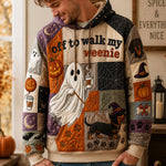 Julia Walking Ghost Dachshund Hoodie in beige, orange, black, front view worn by a model