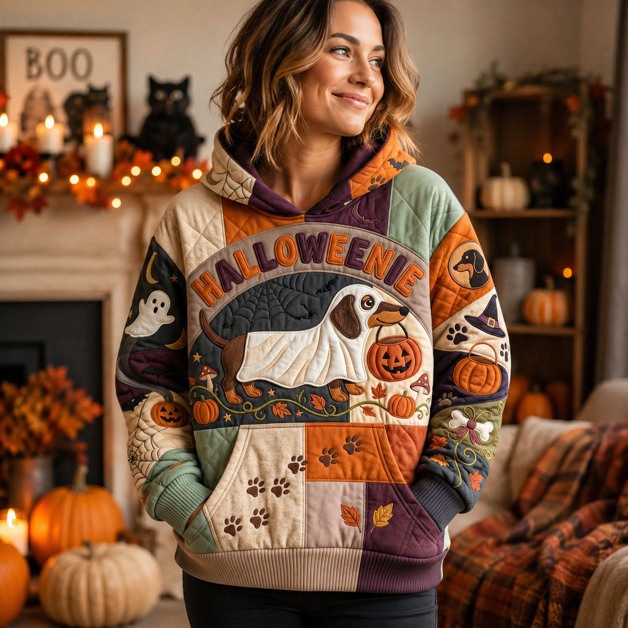 Ashley Ghost Dachshund Hoodie in beige, green, orange, front view worn by a model