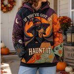 Brielle Witch Dachshund Hoodie in purple, orange, black, front view worn by a model