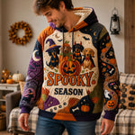 Peyton Dachshund Spooky Season Hoodie in orange, black, purple, front view worn by a model