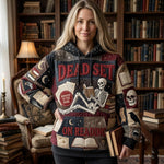 Ivy Reading Skeleton Hoodie in black, burgundy, beige, front view worn by a model