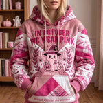 Alina Pink Witch Ghost Hoodie in pink, white, front view worn by a model