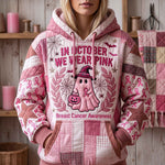 Angelina Pink Ghost Awareness Hoodie in pink, white, front view worn by a model
