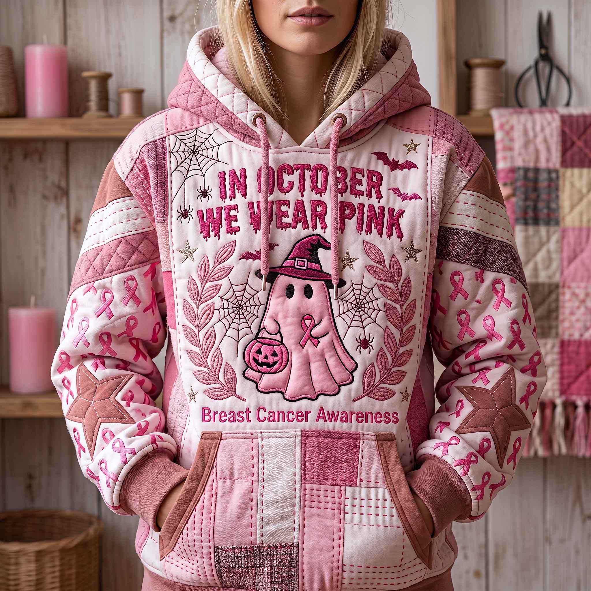 Angelina Pink Ghost Awareness Hoodie in pink, white, front view worn by a model