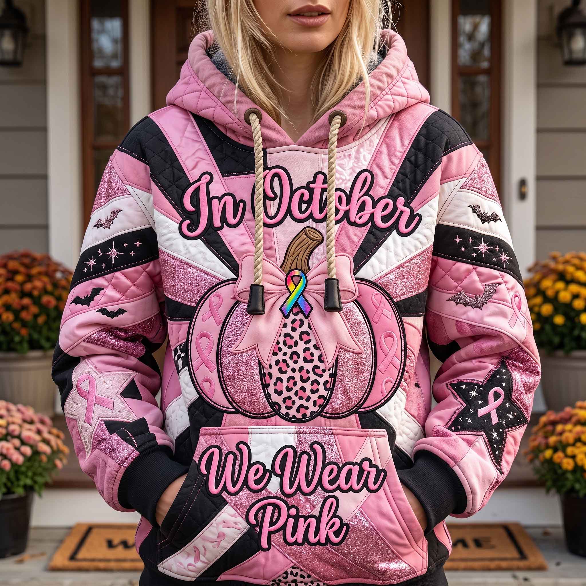 Daniela Pink Pumpkin Bow Hoodie in pink, black, white, front view worn by a model