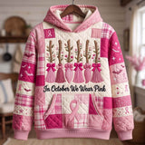 Mackenzie Pink Broom Ribbon Hoodie in pink, white, front view on a hanger
