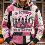 Rachel October Witch Gathering Hoodie in pink, black, white, front view worn by a model