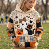 Cora Cat Ghost Patchwork Hoodie in beige, black, orange, front view worn by a model