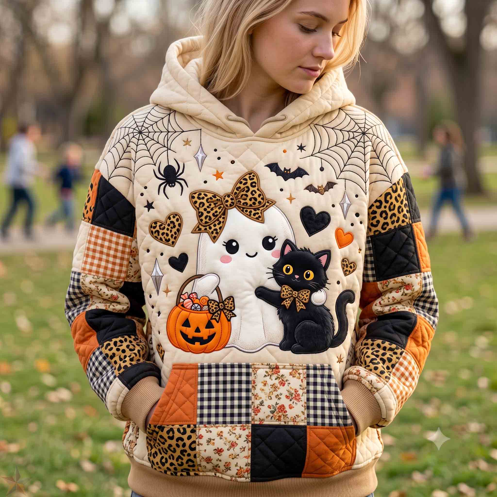 Cora Cat Ghost Patchwork Hoodie in beige, black, orange, front view worn by a model