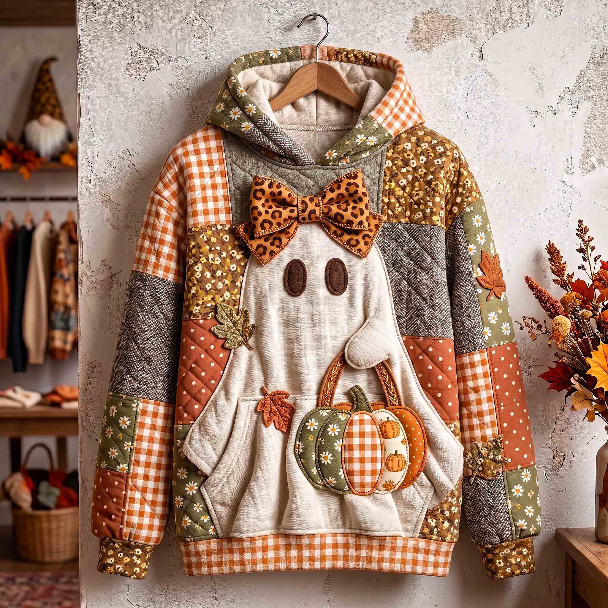 Brooklyn Bow Ghost Pumpkin Hoodie in orange, beige, green, front view on a hanger