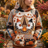 Bella Camping Ghosts Hoodie in orange, beige, blue, front view worn by a model